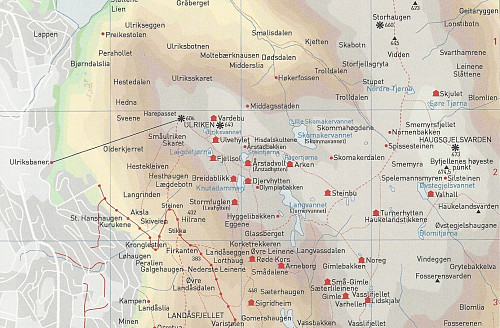 Utsnitt av kart over Byfjellene - se tekst over