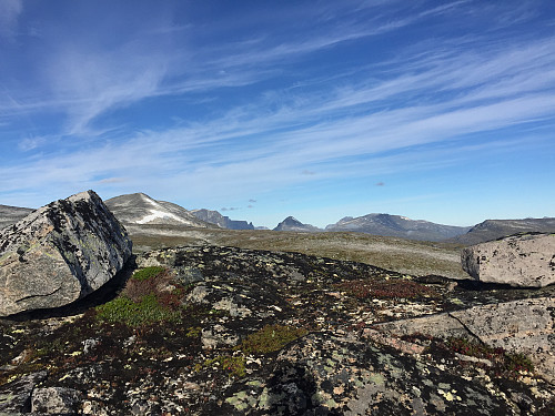 Utsikt fra Lorthøa NØ - med Kringelhøa, Snøfjell og Innerdalstårnet i profil.