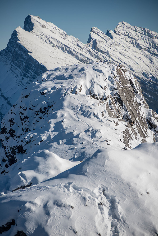 Fotspor over fortopper med Mt. Rundle i bakgrunnen