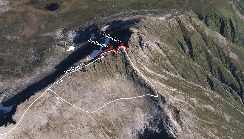 Ruta mi opp Nordryggen til toppen, senere ned på vestsiden og tilbake til skiene. Selve terrengmodellen hentet fra ArcGIS, Norge i 3D.