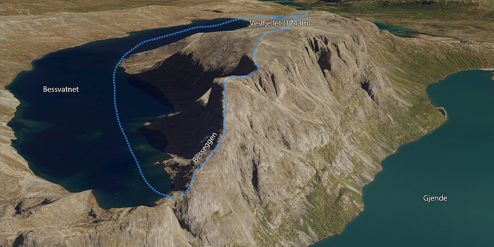 Ruten som ble gått på denne turen (Fjellmodell av Norge i 3D)