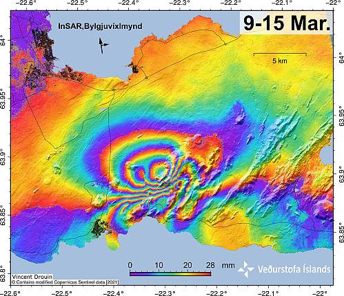 Kartet viser i detalj hevelsene på Reykjanes i uken før utbruddet