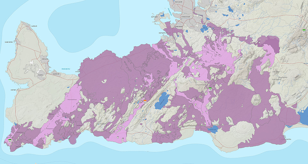 De ulike lavaområdene på Reykjaneshalvøya etter utbrudd de siste 8000. Lavafeltene med lysere lillefarge stammer fra Reykjanesbrannene (år 900-1240) årene