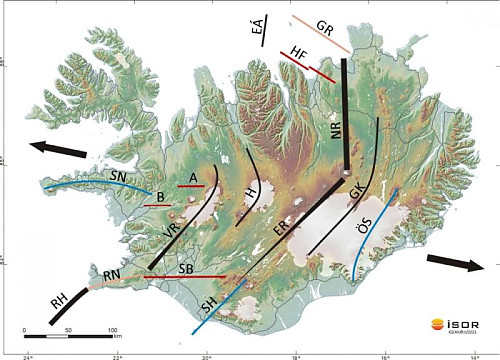 Oversikt over geologiske og vulkanske soner og rifter på Island|
