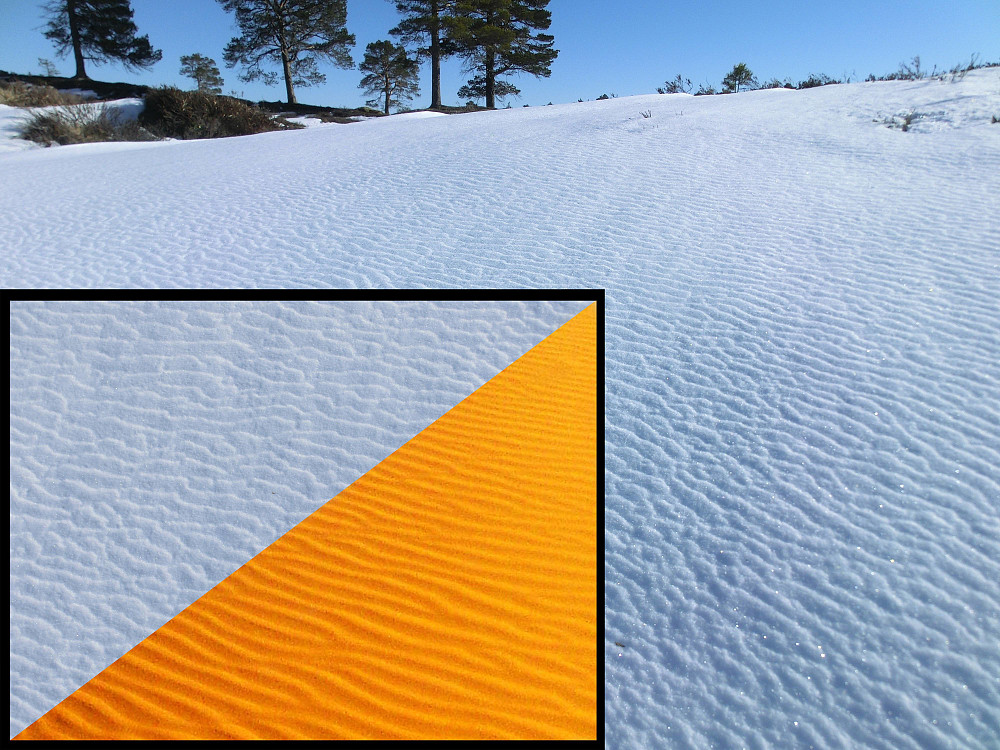 Snøen ligna på ørken sand. Tok en sammenligning, ikke store forskjellen annet en fargen da....og temperaturen antageligvis..