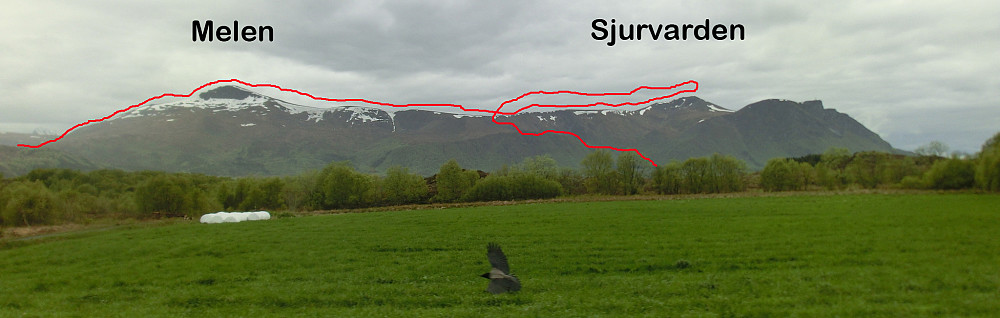 Grov skisse over deler av ruta. Vi starta til venstre og gikk over Melen og til Sjurvarden og tilbake til Lille Bessegen