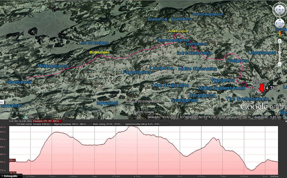 Ruta sett i Google maps, med høydeprofil.
