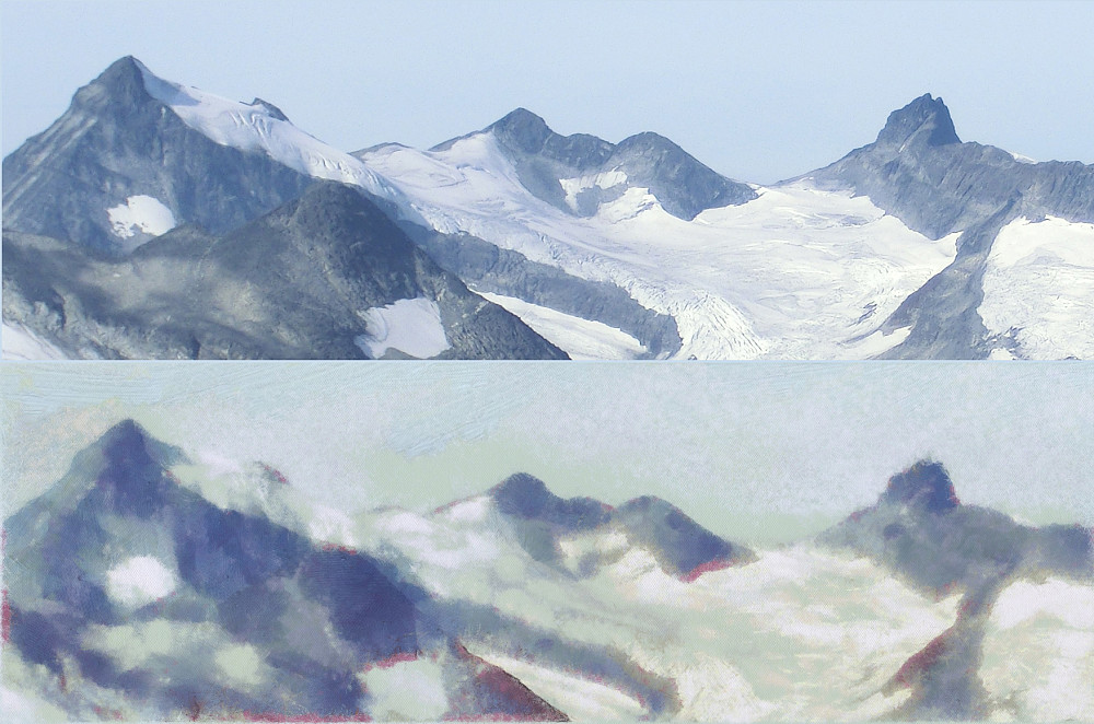 Øverst er bildet av Storebjørn tatt dagen før fra Kyrkja. Underste bildet er en prøve på å male inntrykket.
Ruta vi gikk følger isbreen fra midten (nederst) og i en sving oppover mot venstre.