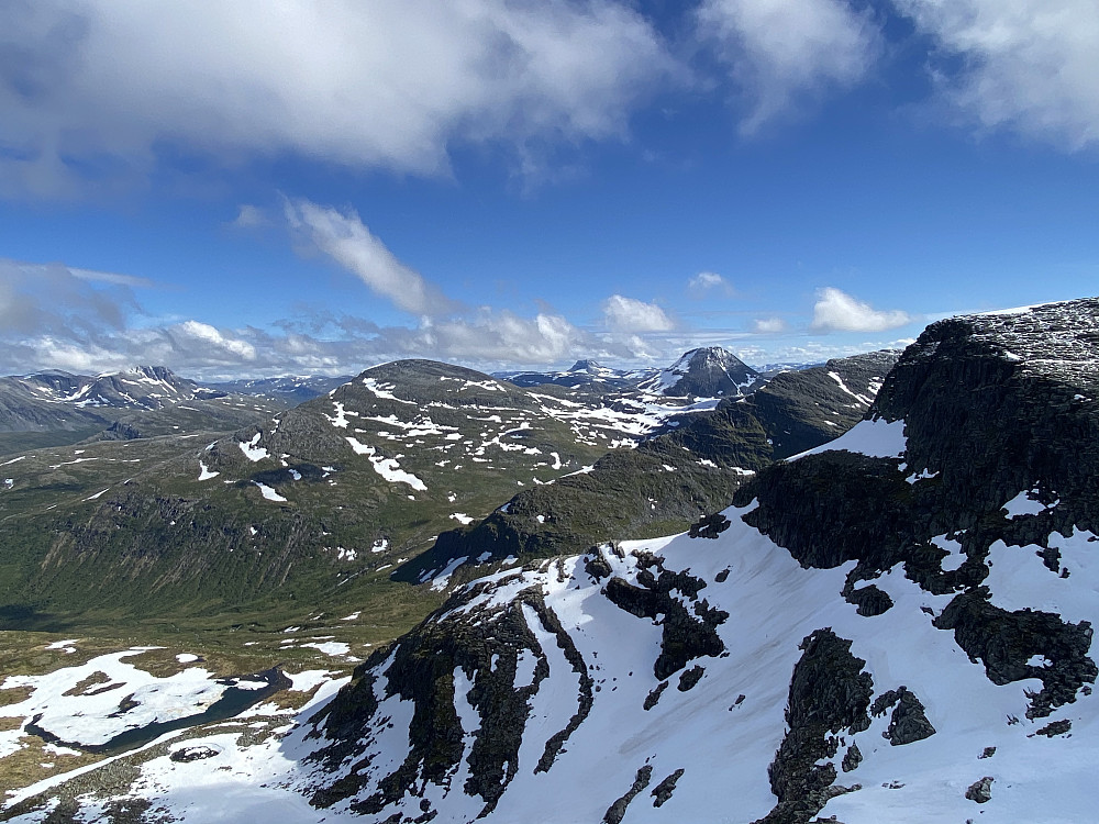 Sett fra venstre: Snota ilagt skyer, Fruhøtta, Neådalssnota lengst bak, Rognnebba, Ryggen opp mot Pekhøtta, Blånebba Øst