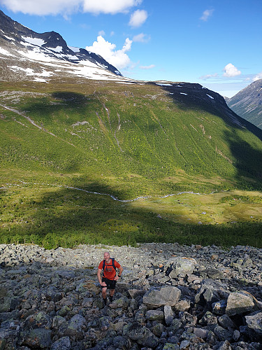 Ura sett ovenfra ned mot W setra. Her er vi ca 100 m nedenfor  skjæret, åpningen ved foten av fjellet.