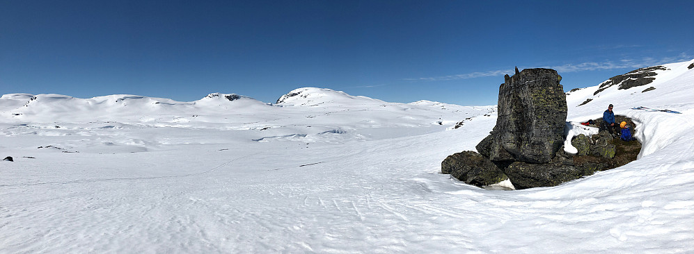 Ved denne flotte steinen på ca 1250 moh ble det rast både på tur og retur. Kaldevatn og Blåbergeidet i bakgrunnen.