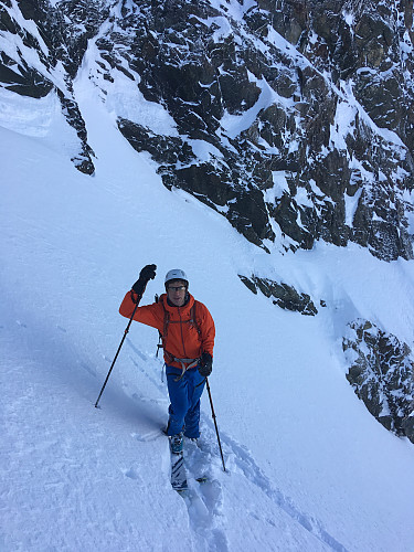 Me on the way up the couloir. We managed to get surprisingly high on skis before changing to boot mode.