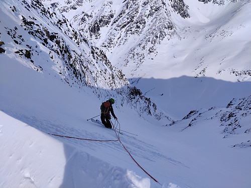 Erik, making sure the couloir is safe to ski.