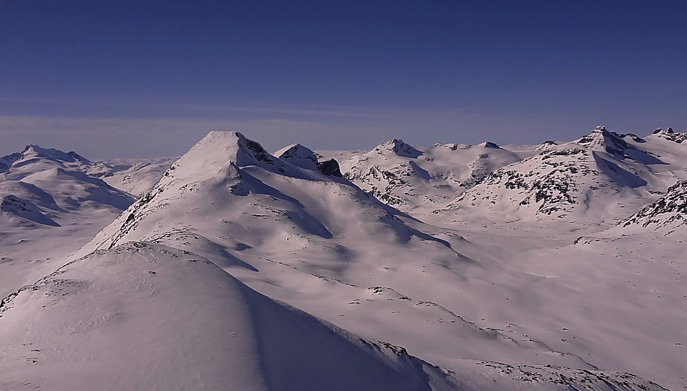 Store Rauddalstinden sett fra Austre. Vi gikk opp ryggen ut mot breen til høyre og kjørte ned Alvbreen som er den du ser mot høyre.