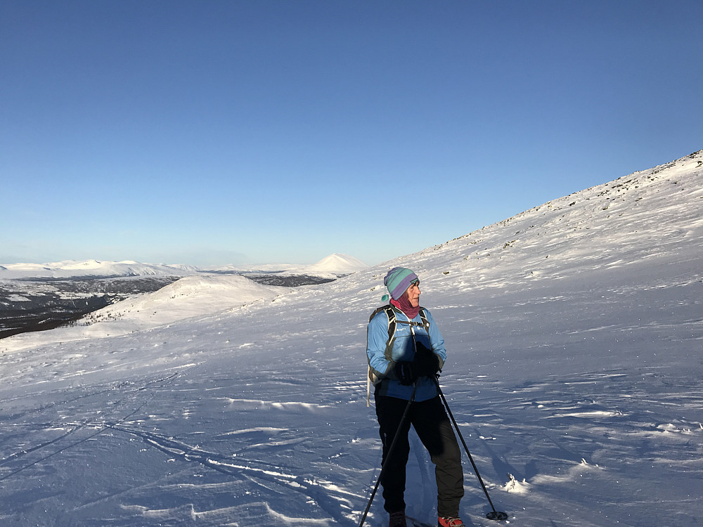 Utsikt nordover på vei opp. Vi så mye av Jotunheimen i dag - etterhvert også Rondane.