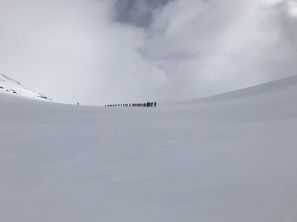 Rene folkevandringen til Surtningstinden i dag - det ble beregnet til at 60 personer prøvde seg på toppen i dag, og kun tre personer lykkes med toppen.