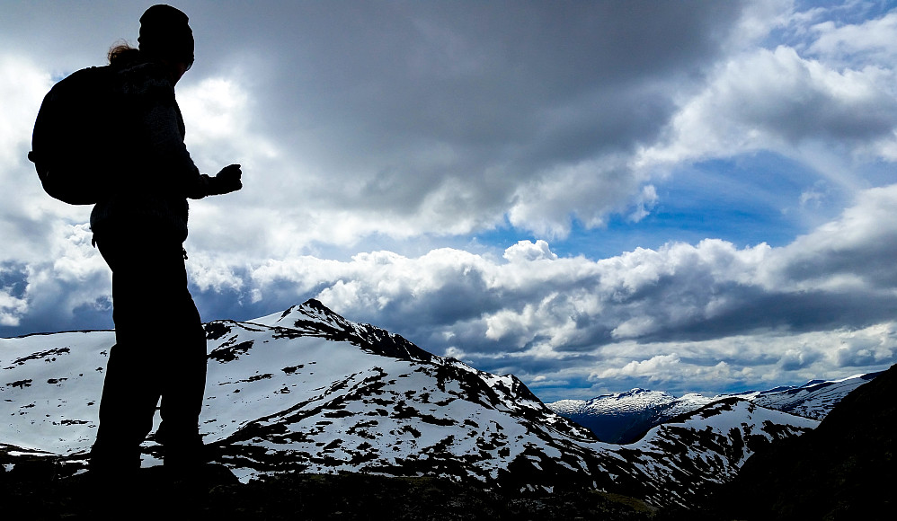 Ett stykk fornøyd kusine som står på sin første fjelltopp og kikker bort på Vangsen. 