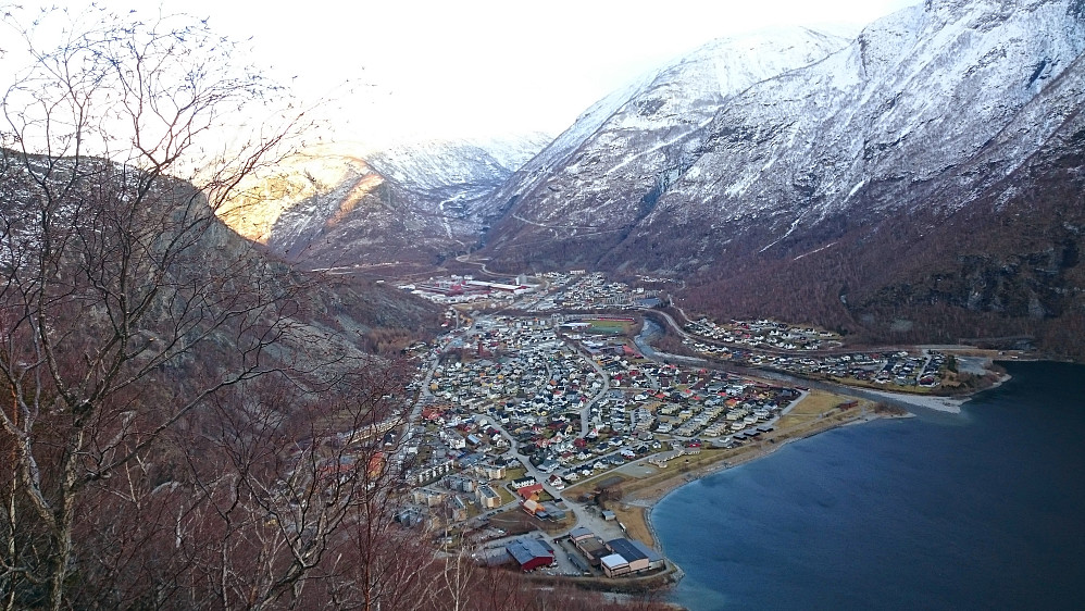Utsikt fra Skarpenor mot Øvre Årdal. Årdalsvatnet til høyre