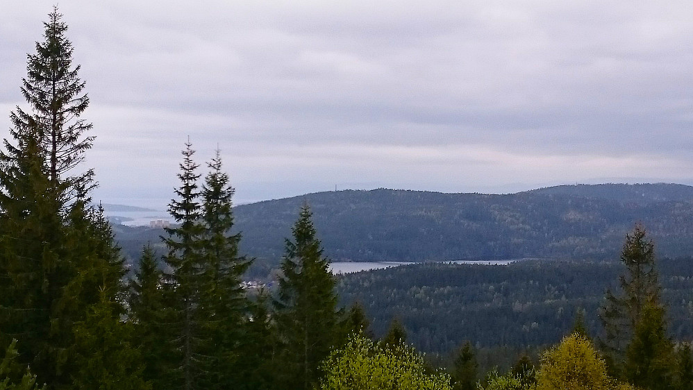 Utsikt fra utkikkstårnet på Røverkollen. Fra venstre Oslofjorden, Årvollåsen og Grefsenkollen. Alunsjøen midt i bildet