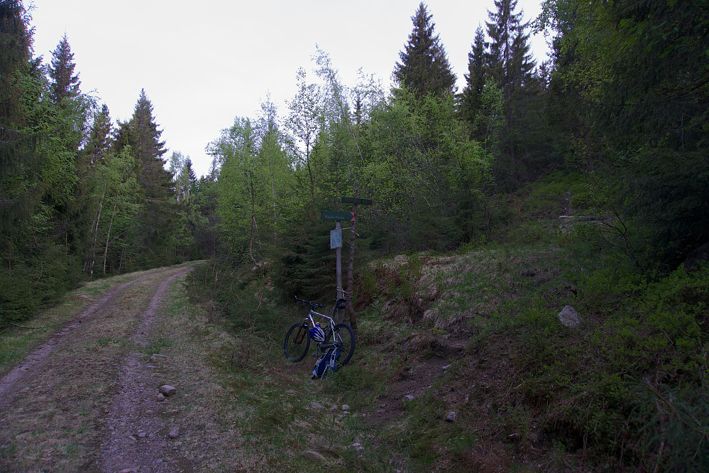 Sykkelparkeringen på Kjønstadsætra, ved skiltingen Klofjell/Marifjell. Stien går opp til høyre i bildet