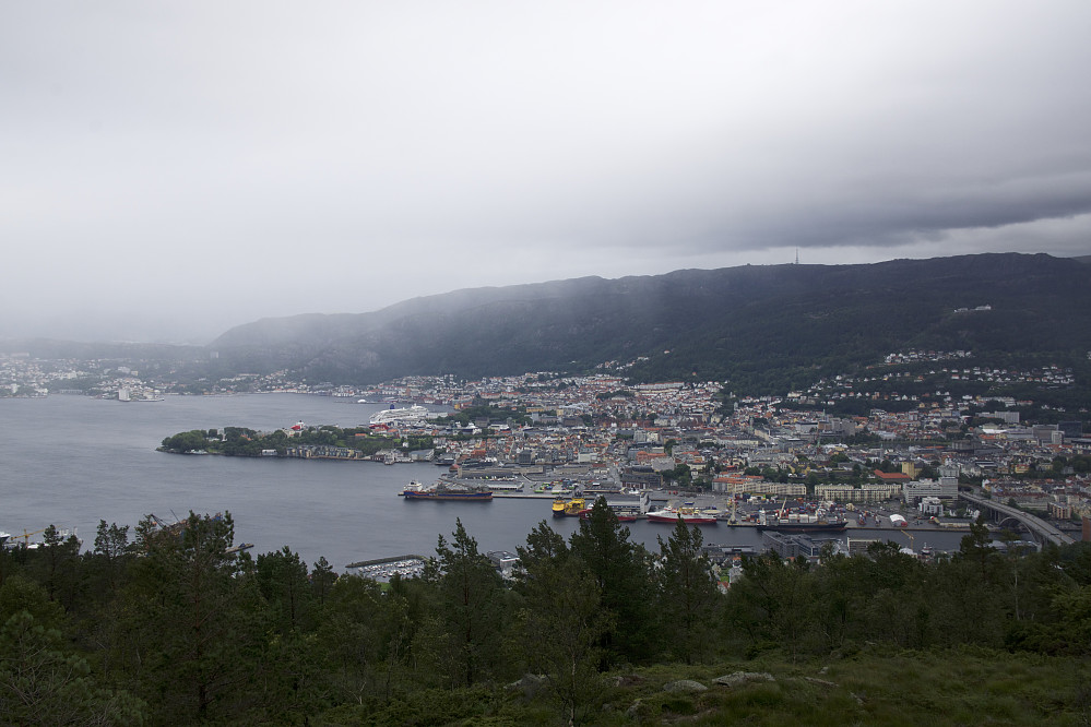 Fløyen og deler av Bergen sentrum sett fra utsiktspunktet nedenfor Damsgårdfjellet