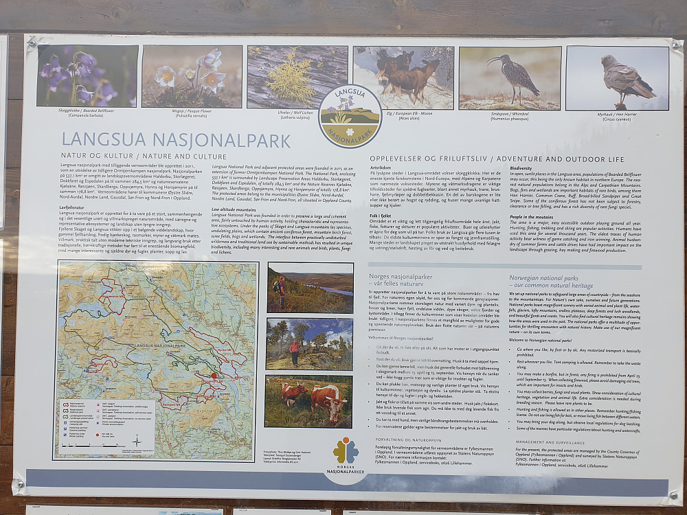 Infoskilt om Langsua nasjonalpark på p-plassen