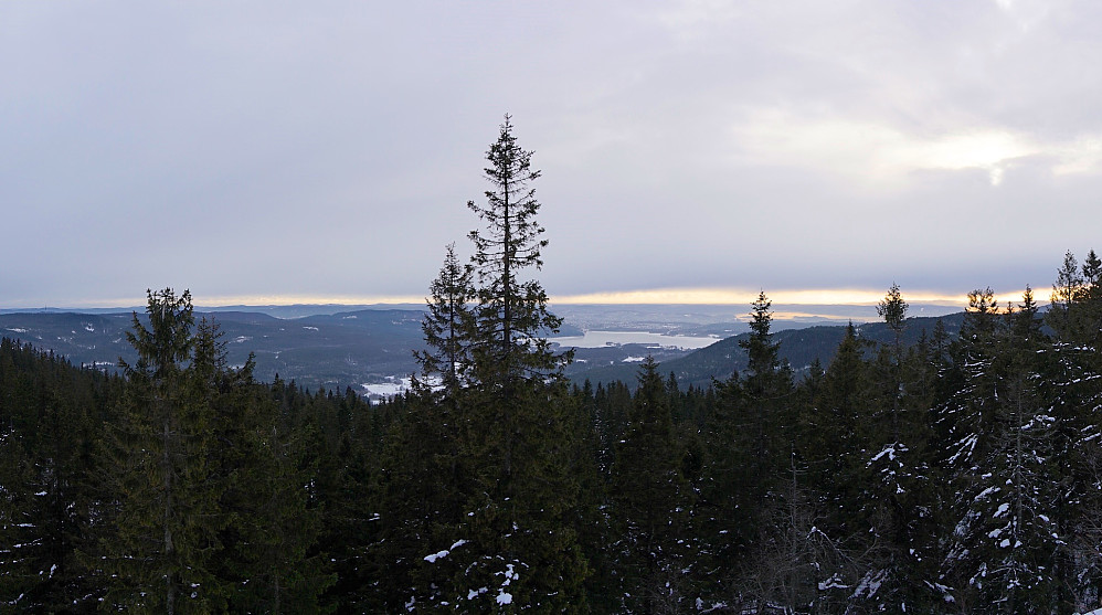 Utsikten fra Mellomkollen mot Oslo. Helt til venstre er Røverkollen, deretter Grefsenkollen, Maridalsvannet og Oslofjorden