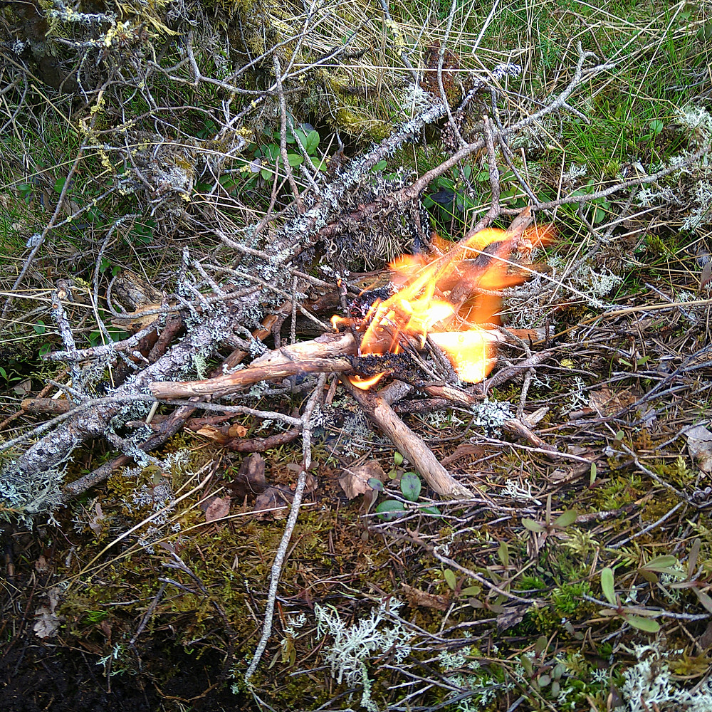 Det var lett regnvær. så vi måtte varme oss litt. Hadde med ekstra vatn til slokking, masse blaut måså, så alt var under full kontroll.