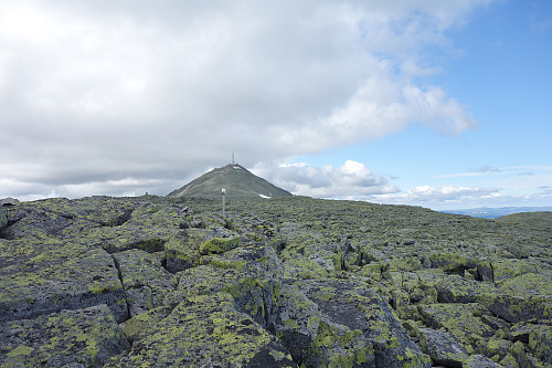 Toppen av Hjartdal (bolten midt i bildet) med varden på Gaustaråen litt til venstre og Gaustatoppen i horisonten.