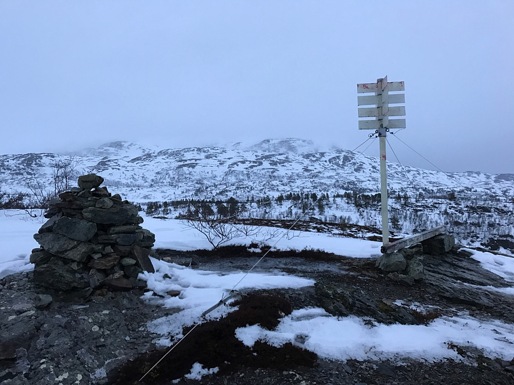 Varde og fungerende trig.pkt på Storhaugen. Resfjellet er skjult i tette skyer. 
