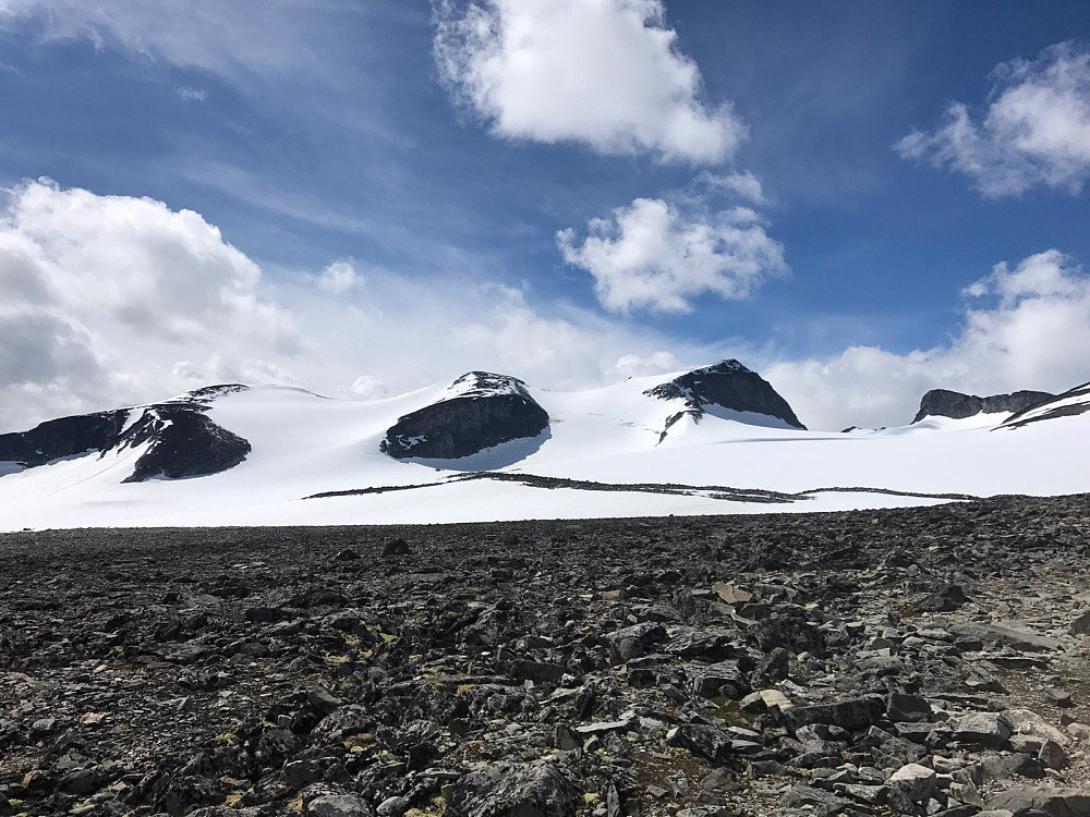 En plan tar form; jeg kan ta meg en runde rundt breen. Dagens 5 første topper fra venstre mot høyre.