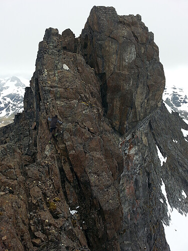 Herman som klyver opp det vanskeligste og luftigste partiet på eggen tilbake til fortoppen. Mye lettere denne veien (så lenge man unngår å tenke for mye på at det går et stup mer eller mindre rett under deg..!)