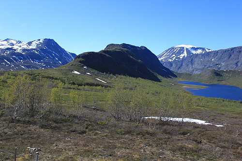 Fra Vargebakkan ved FV51 har man flott utsikt mot Bukkehåmåren (1910 moh), Knutshøe (1517 moh), Besshøe (2258 moh), Besseggen og Nedre Leirungen.