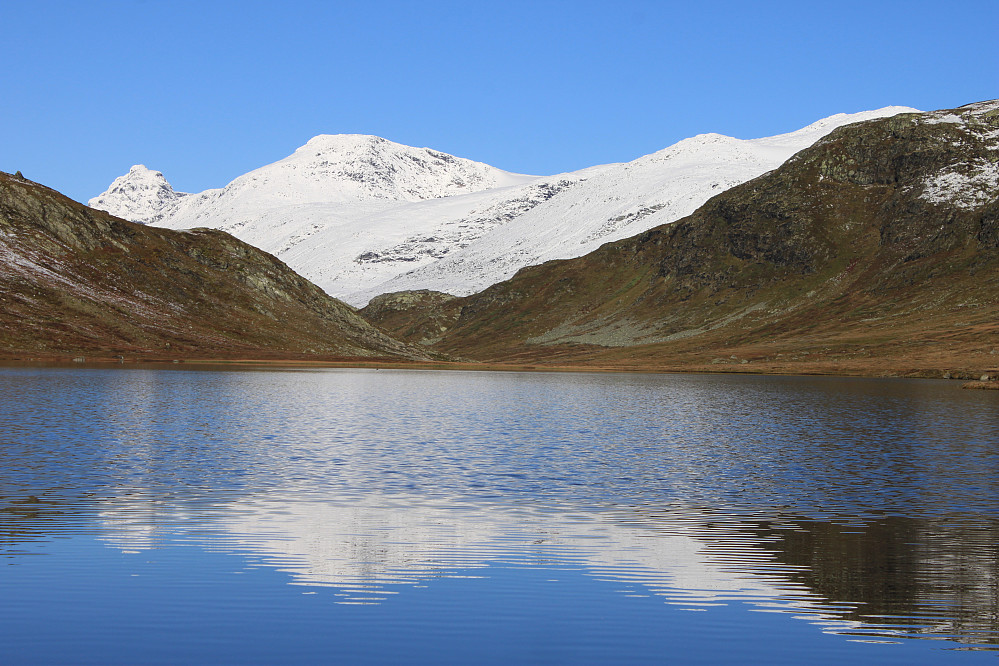 Heimre Fagerdalstjernet (1220 moh). Snødekkende Torfinnstindane (2120 moh) og Kalvehølotinden (2019 moh) ses i bakgrunnen.