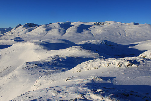 På toppen av Heimre Fagerdalshøe (1510 moh) med utsikt mot 2000-meterstoppene mellom Bygdin og Leirungsdalen. 