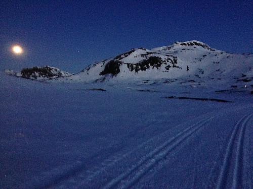 En lav fullmåne ved skiløype Rød 2 på Bygdin. Mefjellet (1386 moh) i bakgrunnen.