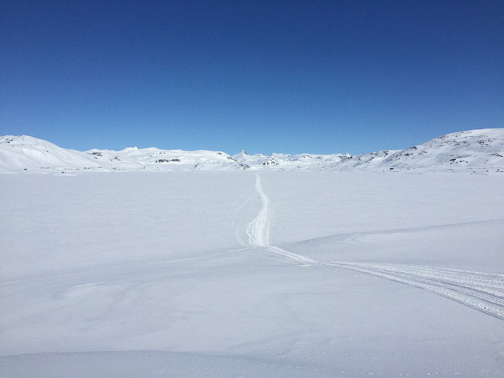 Ved sydenden av Tyin med utsikt nordover vannet med Uranostinden (2157 m) som et naturlig blikkfang.