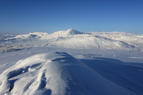 Panoramautsikt nordvestover mot Bitihorn, Grønekinnkampen og Gjendealpene i bakgrunnen til høyre. Bildet er tatt fra toppen av Nørre Knausehøgdi (1123. m.o.h.)