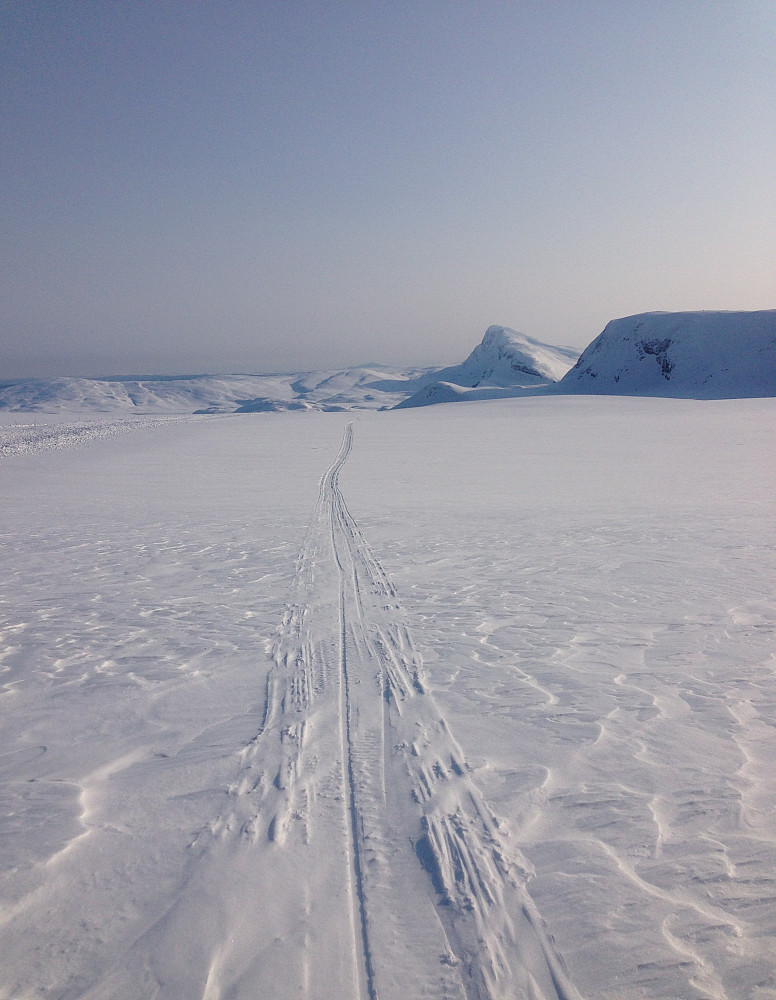 På scooterspor nedover Valdresflya mot syd. Bitihorn (1607 moh) og Synshorn (1475 moh) ses til høyre.
