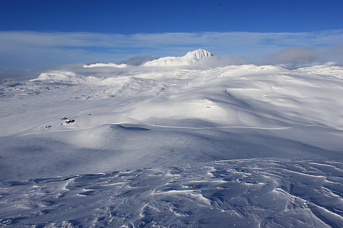 På toppen av Grønekinnkampen (1151 moh.) med utsikt nordvestover mot Bitihorn (1607 moh.) og Heklefjellet.