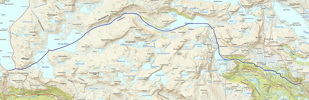Kart over ruten markert med blått. De rød punktene på ruten er teltplassene.