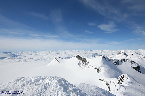 Utsikt fra toppen av Storebjørn (2222) mot N/NV. Smørstabbbreen, Kalven (2034), Skeie (2118), Veslebjørn (2150) og Store Smørstabbtind (2208). Den lille fortoppen nærmest er Bjørnelabben (2153). Helt til høyre sees Bjørneskaret (som er veien å gå fra Krossbu og Sognefjellshytta) og starten på kølyvinga opp til Sokse (2189) som er utenfor bildet.