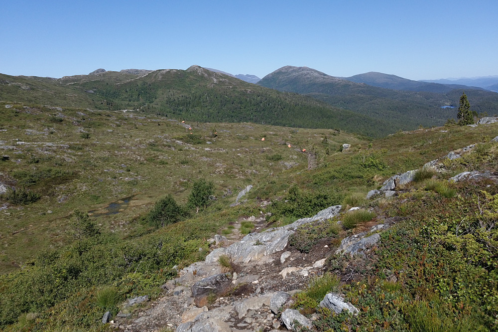 Alltid fint i Moldemarka, nå også med ekstra oransj "pynt". Det er poser med stein som skal brukes til å ruste opp bl.a. stien mellom Varden og Skihytta. Bra tiltak. For min egen del ønskes riktignok minst mulig stein der da......