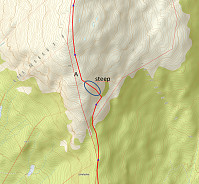 Steep stretch during the ascent to Sveningen---take care and choose your route wisely!  Once you are up at the point, labeled with 'A', everything is fine, though.  