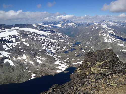 Fra Mjølkedalstind mot Mjølkedalstjørna, Saga og Skogadalen, med Hurrungane og Fannaråken bakerst