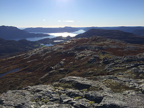 Fra Horganuten mot Vindafjorden, med bl.a. Ølmedalsvatnet og Hjort