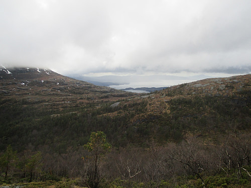 I oppstigningen fra Aksdalsskardet med utsikt vestover. Børkjenesnuten ligger i skodda til venstre