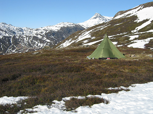 Vårskitur på sitt beste, med fin og tørr teltplass i lyngen. Store Steindalsnosi dominerer i bakgrunnen