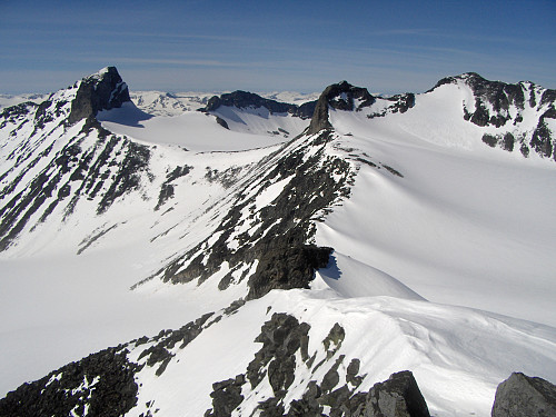 Herlig utsikt fra Tverråtidryggen. Vi ser Illåbandet flankert av stortoppene Skardstind og Ymelstind samt Storjuvtind, dessuten Nordre Illåbre, Storjuvbreen og Svellnosbreen