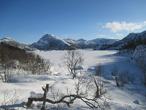Ved Rovakilen i Svortingsvatnet, innerst i Rovadalen, mot bl.a. Naganibba og Godlifjellet